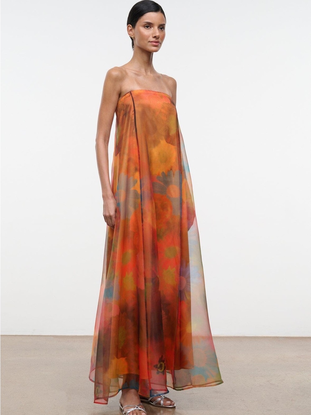 Staud Strapless Orange Floral Maxi Dress